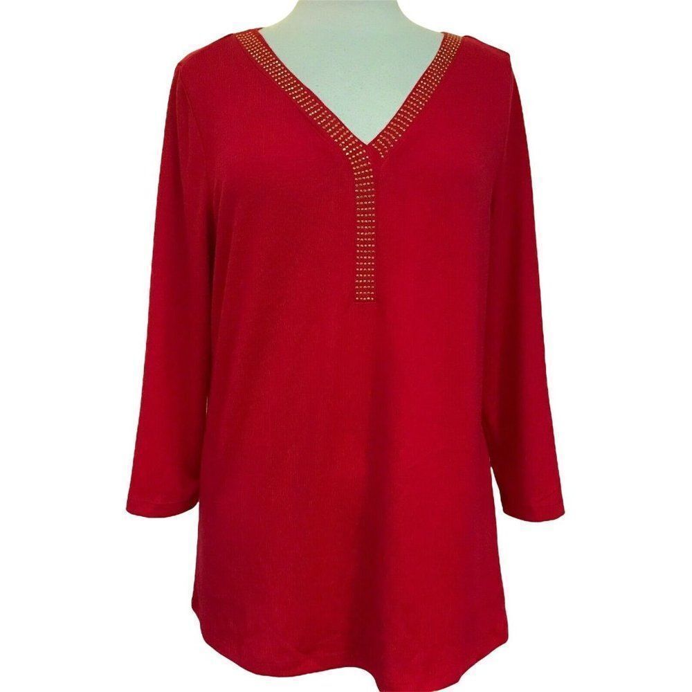 By Design True Red Knit Top V-Neck Pullover Sz XL Cross Over Rhinestone Band